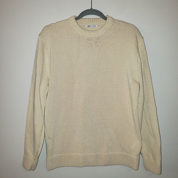 ZARA HEAVY KNIT CREAM IVORY CREW NECK SWEATER SIZE MEDIUM - Picture 1 of 5